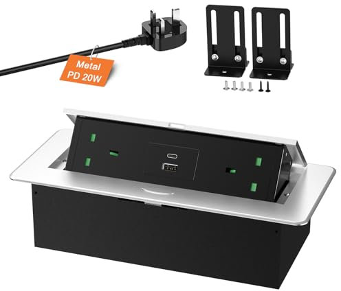 Recessed Power Strip with USB C PD20W, Ulthos Aluminum Desk Power Extension Socket with USB, Pop Up Sockets for Kitchen Worktops,1.8M Cable