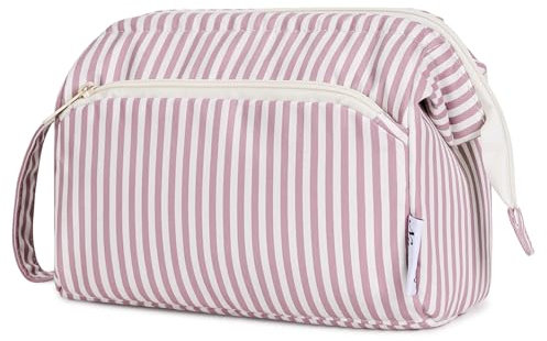 Narwey Large Makeup Bag Wide-Open Zipper Pouch Travel Wash Bag Toiletry Bag Cosmetic Organizer for Women (Dusty Rose Stripe)