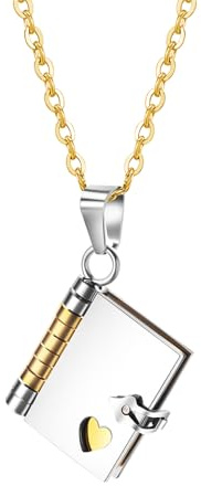 Cupimatch Collana con busta fotografica personalizzata con ciondolo a libro personalizzabile in acciaio inossidabile, gioielli con medaglione inciso con messaggio regalo segreto per coppie e famiglie