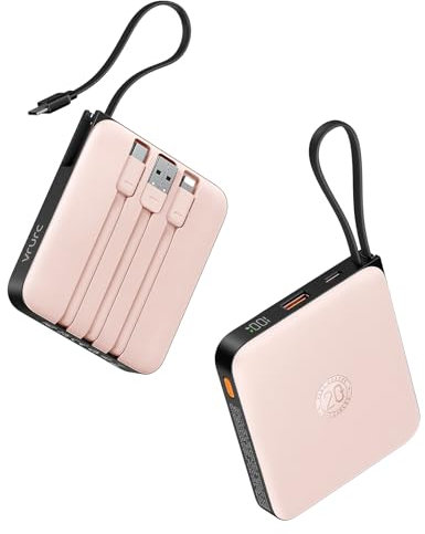 VRURC Power Bank mit Kabel 10000mAh Klein USB C Powerbank Schnelles Aufladen 22.5W Mini Tragbares Ladegerät Externer Akku Klein Aber Stark akkupack LED-Anzeige Kompatibel mit iPhone Huawei (Rosa)
