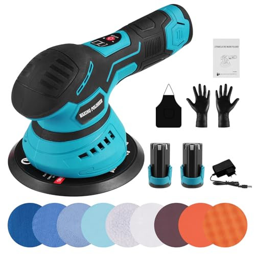 Dibaful Poliermaschine Auto Akku Polishing Schnurlose mit 2 Stück 12V 2000mAh | Polierer Set Kit Polierpad Polierschwamm Polierfell 8 Variable Geschwindigkeit 2500-5500RPM