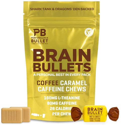 160mg L-Theanine + 80mg Caffeine Chews – Coffee Caramel Flavour, Increases Productivity, Mental Clarity, Alertness | 4 Packs - 16 Servings | Brain Bullet | Energy Gum & Focus Gummy Upgrade