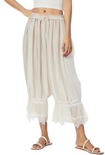 Minetom Capri Pantalon De Pyjama Femme Été Léger Victoriens Y2K Pantacourt Ample Vintage À La Maison Culotte Bouffantes Renaissance avec Dentelle A Blanc M