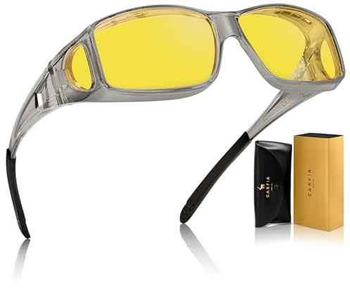 CARFIA Överdragsglasögon för mörkerseende över vanliga glasögon, wrap around-glasögon för glasögonbärare, damer och herrar, Fit over Night Vision Driving Glasses