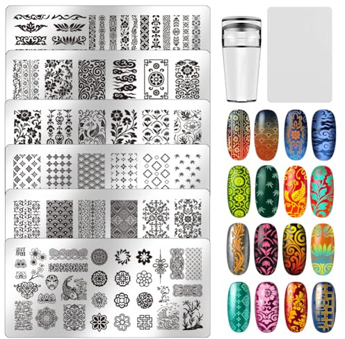 UNICRAFTALE 6Pcs Nails Stamp Plates Template Set Oriental Texture Stamping Plate Chinese Culture Stamp Templates Image Nail Stencils Nail Art Plates for Women DIY Print Manicure Salon Design