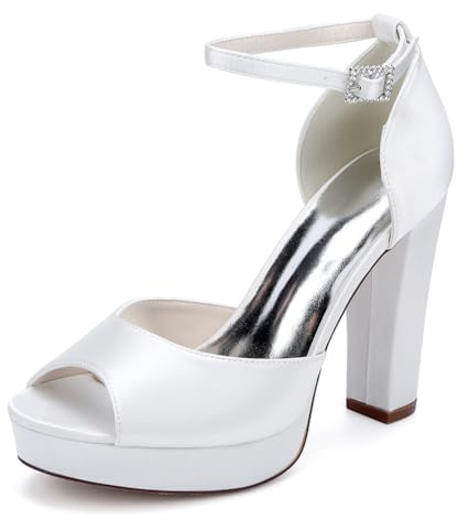 Donna Sandali Sposa con Tacco Largo E Plateau in Raso Cinturino alla Caviglia Peep Toe Scarpe da Matrimonio Festa 6118-01A,Bianca,36 EU