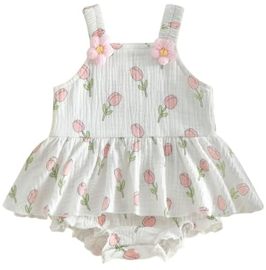 JCOPLY Newborn Baby Girl Romper Dress Floral Ruffle Cotton Linen Sleeveless Bodysuits Crotchet Flower Infant Jumpsuit Girls One Piece Summer Outfits (White, 3-6 Months)
