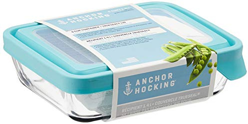 Anchor Hocking TrueSeal Glass Food Storage Containers with Mineral Blue Airtight Lids, 6 Cup Capacity (48 Oz), Rectangle, Pack of 4