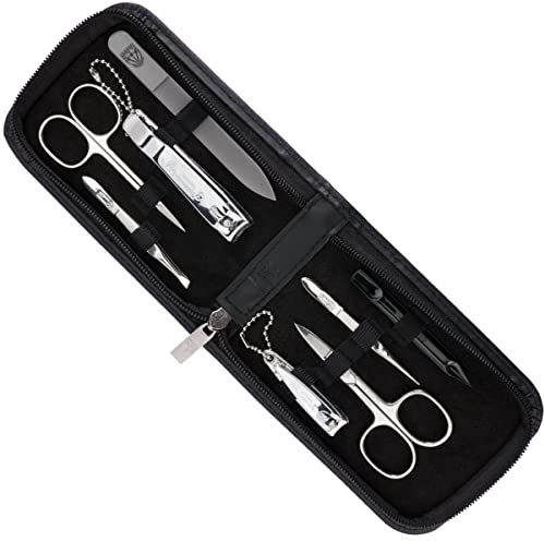 DREI SCHWERTER Germany Maniküre Set Nagelset 'Novara' - 8-tlg. aus Echt Leder schwarz, Inhalt: Nagelschere, Glasnagelfeile, Hautschere, Pinzette, Nagelknipser und vieles mehr!