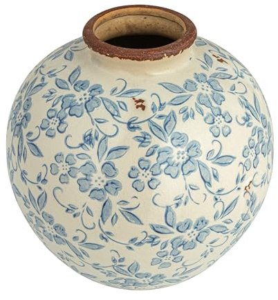Creative Co-Op DF2720 8 H Terracotta Floral Transferware Pattern & Crackle Finish Vase, Blue