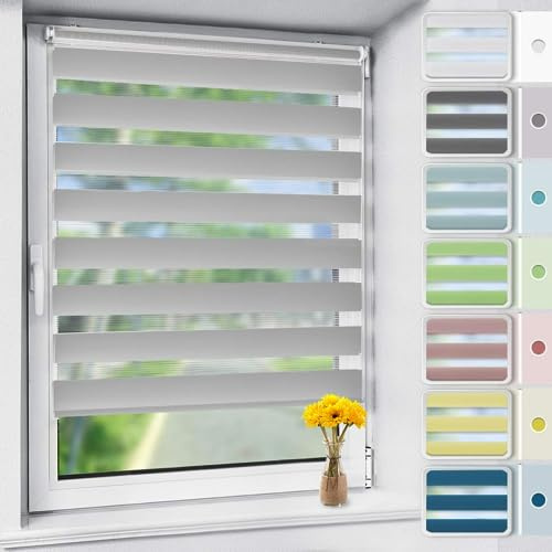OUBO Doppelrollo Klemmfix, Rollos für Fenster ohne Bohren & mit Bohren (Grau, 95cm x 130cm), Duo Rollo Klemmrollo Fensterrollo Easyfix, lichtdurchlässig und verdunkelnd.