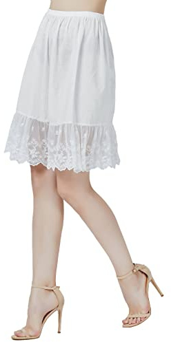BEAUTELICATE Jupon sous-Jupe sous-Robe Lingerie Courte en Pur Coton avec Ourlet Plissé Chiffon A-Line Ample Grande Taille De Femme Fille Été Ivoire Clair Ourlet Dentelle 55cm, S