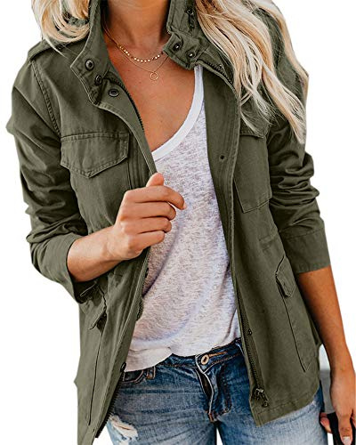 Soulomelody Womens Military Anorak Jacket Zip Up Snap Button Parka Safari Utility Coat Outwear with Pockets Army Green