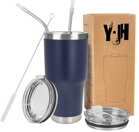 Y·J&H 30oz (850ml) Travel Tumbler Double Wall Vacuum Insulated Coffee Mug Stainless Steel Coffee Cup with 2 Splash Proof Lid, 2 Straws & Free Cleaning Brush, BPA Free - Navy Blue