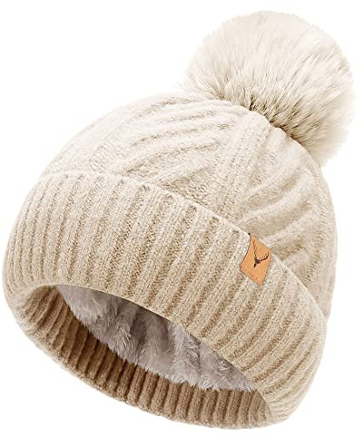 NEOLA Gorro de invierno para mujer, gorro de lana de doble capa, gorro de punto con pompones de piel sintética desmontable para deportes al aire libre, esquí, Beige#a, M-L