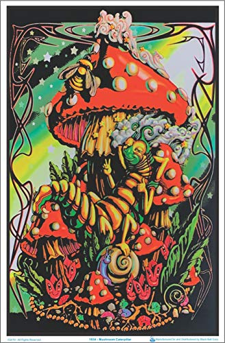 Mushroom Caterpillar - Flocked - Blacklight Poster - 23x 35