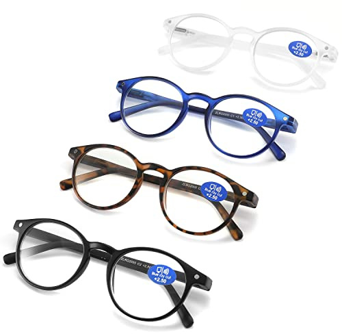 AIKLLY Reading Glasses Blue Light Blocking - Spring Hinges Round Eyeglasses for Men Women,4 Pairs Mix Color Anti Glare Filter Lightweight Readers (4 Pairs Mix Color, 2.50)