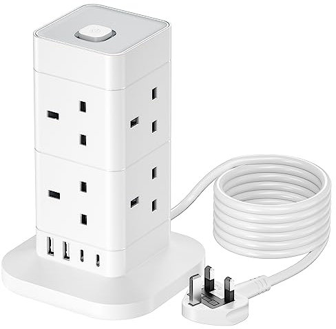 Hotimy 5M Tower Extension Lead with USB C, 8 Way (13A 3250W) & 4 USB Ports Multi Plug Extension Socket with Surge Protection, UK Power Strip 5 Meters Long Extension Cord for Home, Office, Kitchen