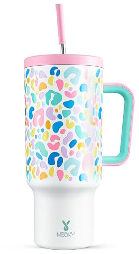 Meoky 40 oz Tumbler with Handle and Straw, Tumbler with Lid and Straw, Insulated Stainless Steel Travel Mug, 100% Leak-proof, Keeps Cold for 34 Hours or Hot for 10 Hours (Leopard)