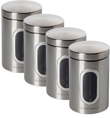 ECHTWERK Stilvolle Vorratsdosen 4er Set-brushed, Vorratsbehälter, Aufbewahrungsbox, Zur Aufbewahrung von Mehl/Zucker/Müsli/Tee, Metalldose mit luftdichtem Deckel und großem Sichtfenster