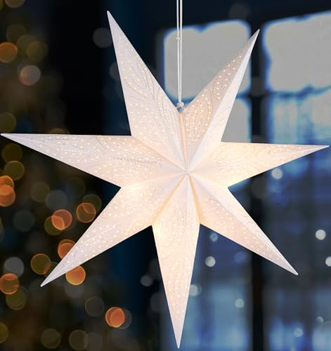 BRUBAKER 60 cm Estrella de Navidad de Papel - Estrella de Adviento para Ventana - Estrella de Papel 3D con Casquillo E14 - Decoración Navideña Colgante Estrella de Luz con 3,5 m de Cable - Blanca