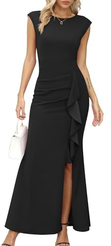 Missufe Rüsche Schlitz Meerjungfrau Bodycon Kleid Damen Maxi Abendkleider Flügelärmel Cocktail Ballkleid Hochzeit Festlich Kleid (Schwarz, groß)