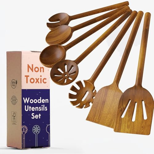 Ustensiles de Cuisine en Bois Non Toxiques – Lot de 7 Cuillères et Spatules en Acacia, Sans Colle, Une Seule Pièce, Finition Végétale, Sans Produits Chimiques Éternels - Ziruma