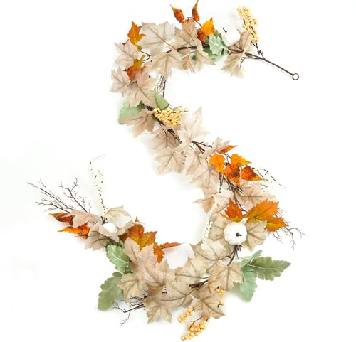 Miaikoe 6FT Herbst Girlande Ahornblatt, hängende Beere Rebe Kürbisse Künstliche Herbst Blatt Girlande für Herbst Thanksgiving Halloween Saison Kamin Dekorationen (weiß&braun)