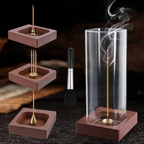 Upgrade 4 in 1 Räucherstäbchen Halter mit Abnehmbarem Glas Aschefänger, Incense Stick Burner Holder Räuchergefäß, Holz Basis Räucherstäbchen, Räucherstäbchen Halterung, 9 Loch Räucherstäbchenhalter