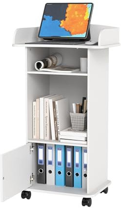 Nisorpa Stehpult mit 4 Rollen, Holz Mobiles Rednerpult mit Schublade, Laptoptisch,Kanzelständer mit 3 Stöckig Aufbewahrungsregal für Konferenzräume, Klassenzimmer(Weiß)