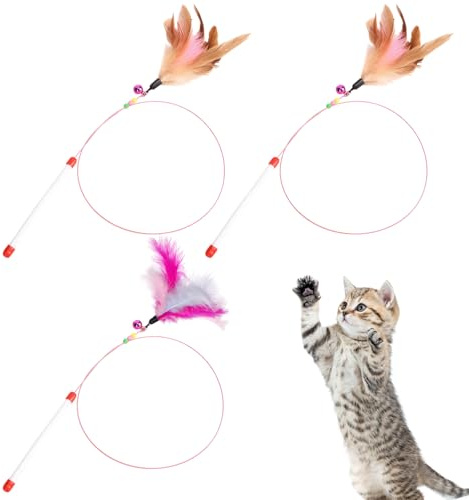 Anmahe Cat Feather Wand Teaser Toy With Bells for Kitten Playing, Training, Hunting and Exercising - 3 Pieces