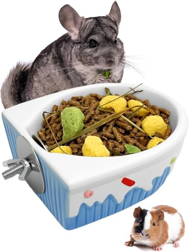 Niwaes Chinchilla Food Bowl Ceramic Guinea Pig Cage Feeder Hanging Bunny Food Dish Small Animal Feeding Bowls for Syrian Hamster Ferret Gerbils (Blue)