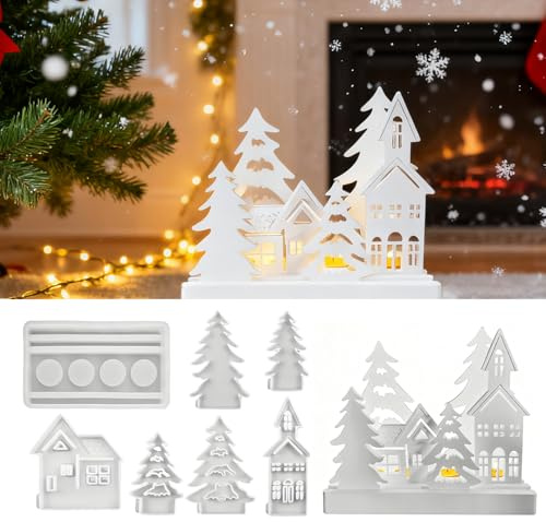 MURISE Silikonformen Gießformen Weihnachten, 7 Stück Giessformen Silikon (Tannenbäume Blockhäuser) für Gips Seife, DIY Weihnachtsdekoration
