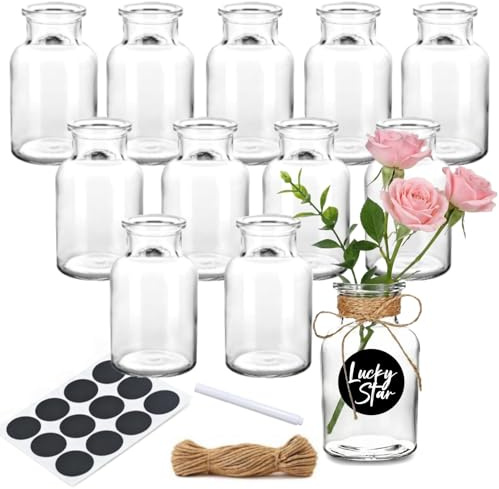 12PCS Small Glass Bud Vases, 125ml Small Glass Vase Set Clear Bud Vases | with 5m Jute Twine, 8 stickers and a pen, for Wedding Home Decor Table Centerpieces Party Desktop