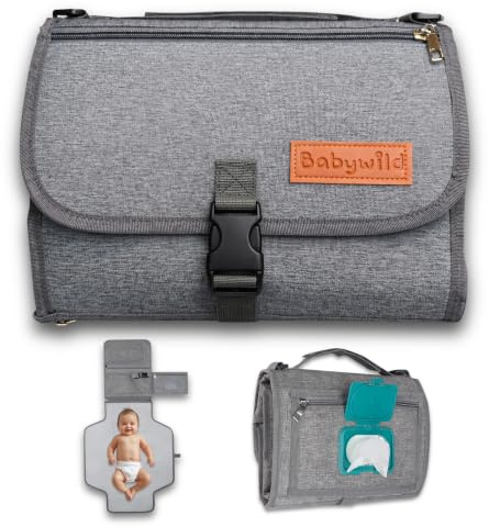Babywild Portable Baby Changing Mat – Waterproof, Easy‑Fold Travel Pad with Soft Head Cushion, Storage Pockets & Wipe‑Clean Surface – Compact Nappy Changing Mat for Home, Car & On‑the‑Go - Grey