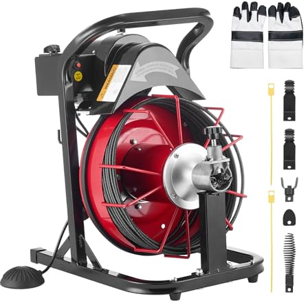 VEVOR Desatascador de Desagües Eléctrico 15m x 8mm Máquina de Limpieza de Tuberías con Alimentación Automática Interruptor de Pedal Neumático Limpiador de Tubos de Drenaje para Tuberías de 5-10 cm