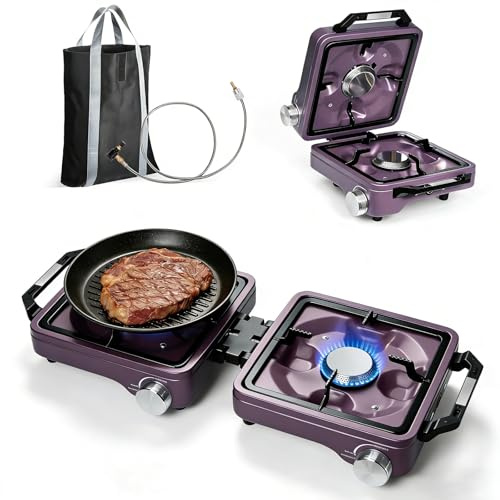 2 Burner Camping Stove 5000W Folding Gas Portable Stove, Camping Cooker Adjustable Burners and Piezo Ignition, Stainless Steel with Storage Bag for Cooking,BBQ and Picnic, Purple