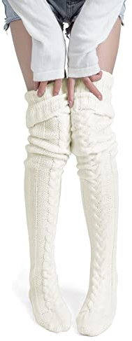 Pcavin Women's Thigh High Socks Over the Knee Cable Knit Boot Socks, Long Warm Fashion Leg Warmers Winter(White)