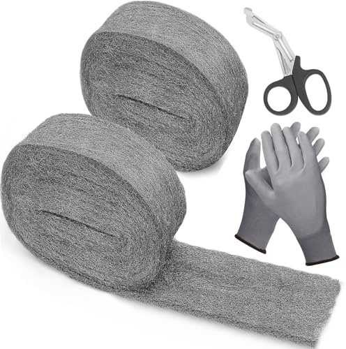 iunio Wire Wool, 2 Pack Steel Wool Mice Blocker with Gloves & Scissors, WireWool Mice for Cleaning, 0000 Steel Wool for Polishing, Rodent Control Hole Filler Wall, Kitchen, Ceiling, Garden, Attic