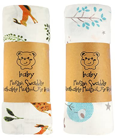 ALBOYI 2-pack baby muslin tvättlappar, mjuka och absorberande babybadhandduk 120 cm x 110 cm, ekologisk bomull djur tecknad återanvändbar nyfödd handduk, fyrkanter muslin tvättduk filt för nyfödd baby