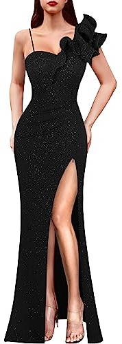 VFSHOW Womens Ruffle One Shoulder Strap Ruched Formal Prom Wedding Maxi Dress V Neck Elegant Split Cocktail Evening Long Gown (Sparkly Black, Medium) 10532 BLK M