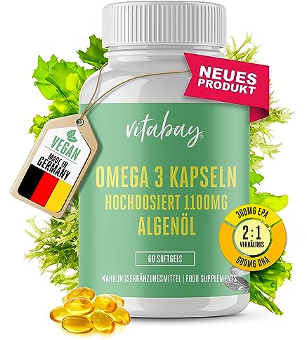 Vitabay Omega 3 Vegan 1100 mg – 60 Capsule Molli con Olio di Alga Schizochytrium sp. e Vitamina E – Vegano e ad Alto Dosaggio – Con 600 mg DHA e 300 mg EPA – Testata in Laboratorio in Germania