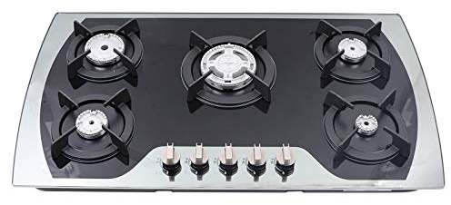 Cuisinière à gaz encastrable 5 feux, plaque de cuisson à gaz pour gaz Erdga ou propane, avec protection d'allumage et d'allumage automatique, panneau en verre trempé (90 x 51 cm)