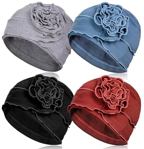 AIPESL 4 Pieces Cotton Chemo Turban Headwear, Soft Cancer Headwear Elastic Cancer Cap for Women with Hair Loss