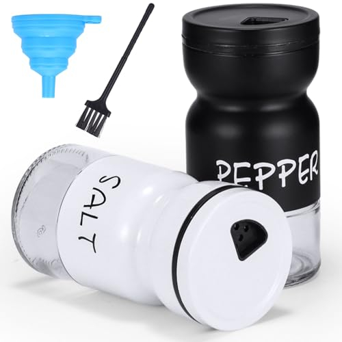 YUNYODA Ensemble salière et poivrière, 2 bouteilles à épices en verre noir et blanc en acier inoxydable avec entonnoir et brosse de nettoyage, petite salière à épices pour cuisine, barbecue