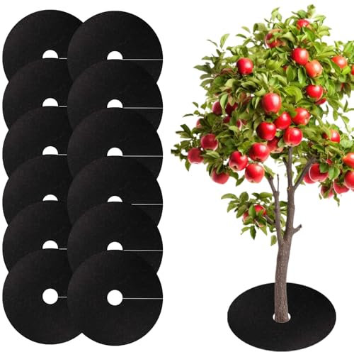 Lot de 12 Toile Anti-Mauvaises Herbes, Coussin Rond Non-Tissé, Biodégradable, Paillage Jardin, Toile Hivernage Plante Exterieur, pour Nouveaux Arbres, Vergers, Aménagement Paysager, Diamètre 52cm
