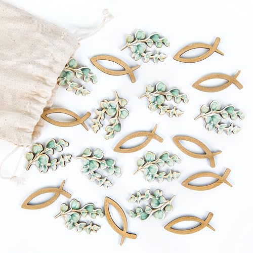 Logbuch-Verlag Tischdeko Set Taufe Kommunion & Konfirmation Eukalyptus goldener Fisch Streudeko aus Holz 3 cm 20 tlg.