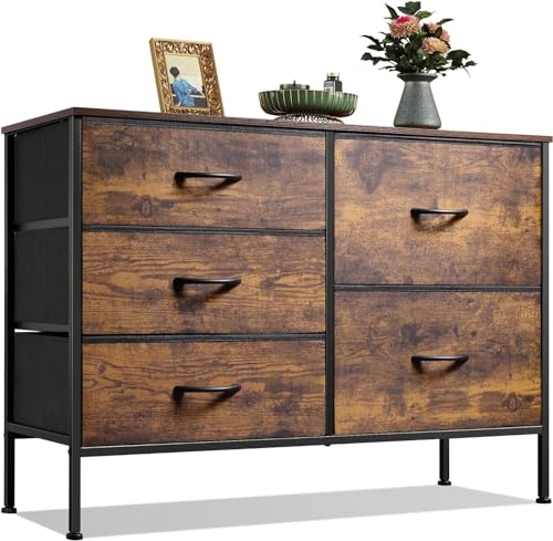 WLIVE Chest of Drawers, 5 Fabric Drawers Cabinet with Easy Pull Handle, Wood Top and Sturdy Steel Frame TV Stand for Bedroom, Living Room, Kids Room, Rustic Brown