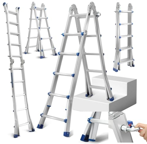 Fiqops Échelle télescopique 5,1 m x 5 marches - Antidérapante - En aluminium - Charge maximale : 150 kg - Multifonction - Extensible