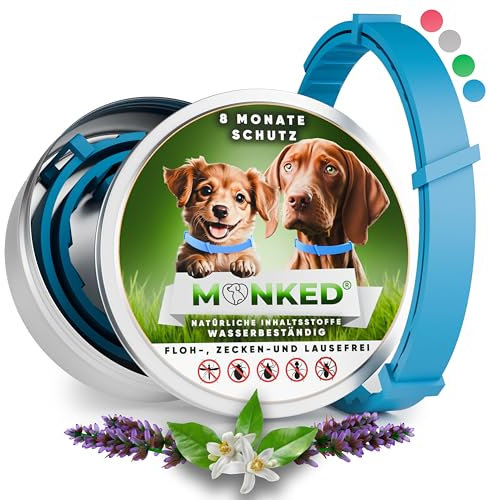 Monked | Natürliches Halsband für Hunde ohne Chemie | Verstellbar für kleine & große Tiere | Bis zu 8 Monate Schutz | Anti-Zecken & Flohschutz | Langanhaltender Zeckenschutz Hund [Blau]